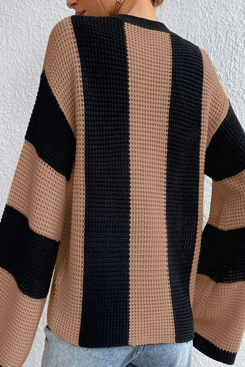 Casual Striped Contrast O Neck Tops - Fashionpara