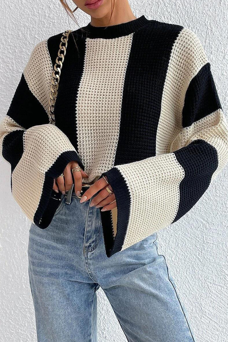 Casual Striped Contrast O Neck Tops - Fashionpara
