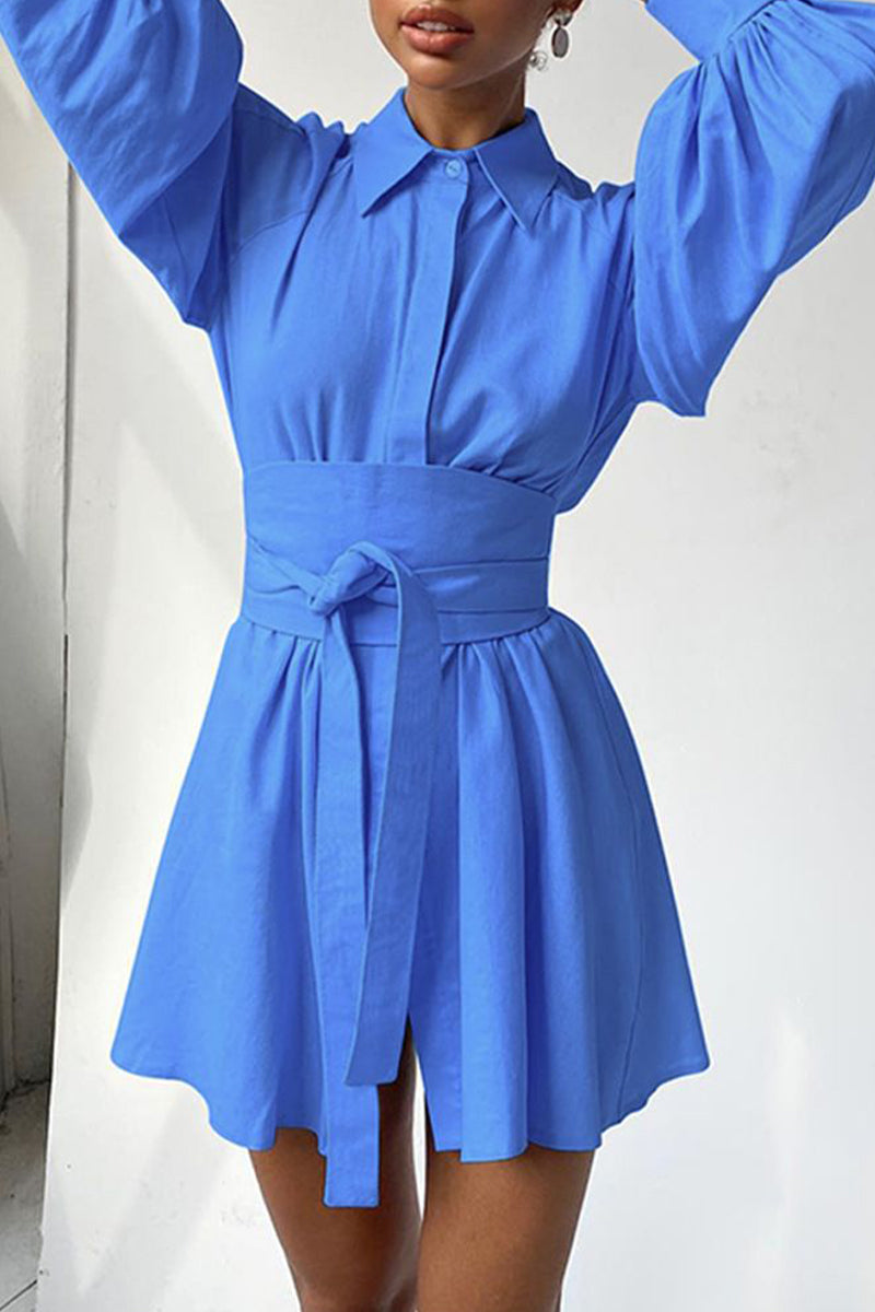 Work Elegant Solid Bandage Turndown Collar Waist Skirt Dresses - Fashionpara