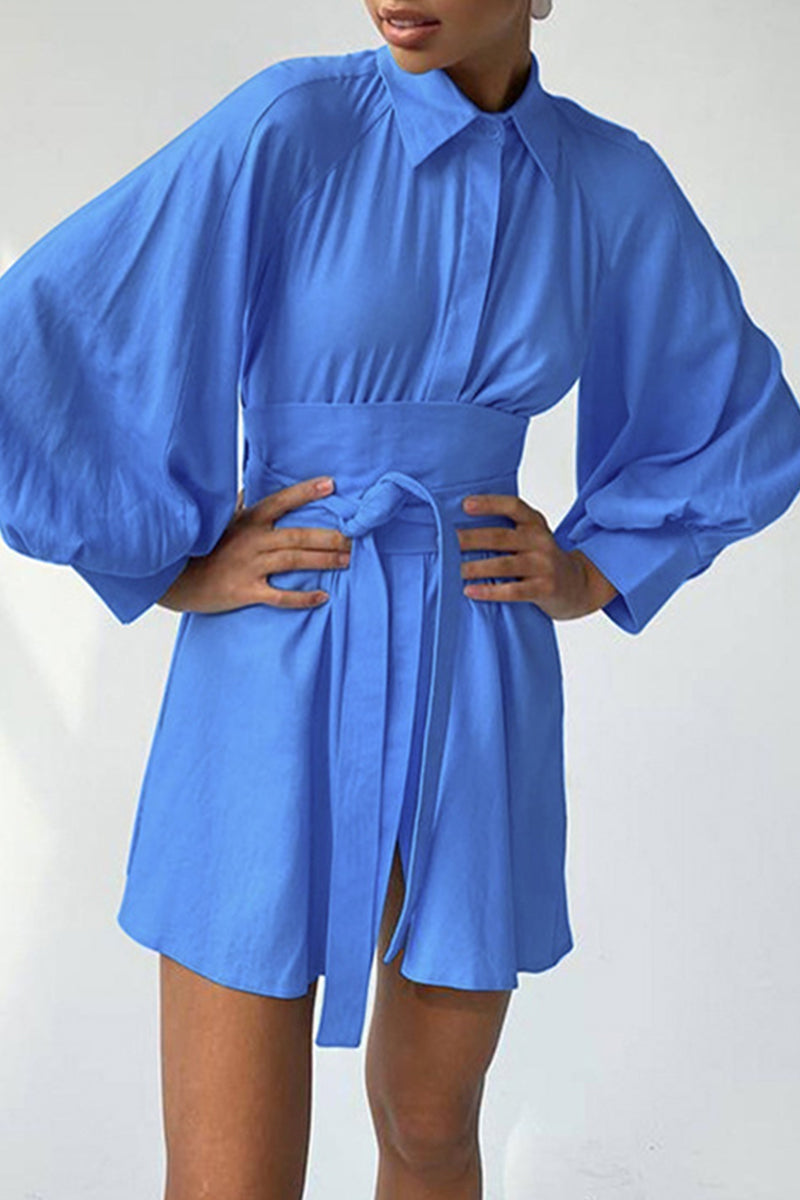 Work Elegant Solid Bandage Turndown Collar Waist Skirt Dresses - Fashionpara