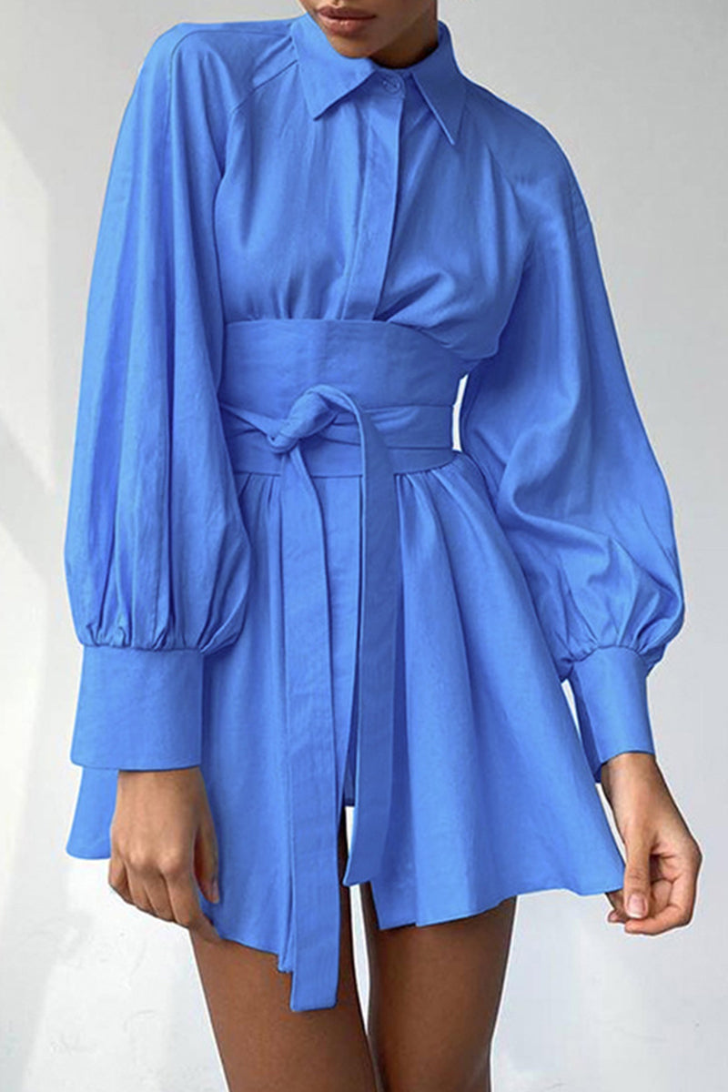 Work Elegant Solid Bandage Turndown Collar Waist Skirt Dresses - Fashionpara