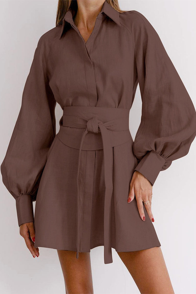 Work Elegant Solid Bandage Turndown Collar Waist Skirt Dresses - Fashionpara