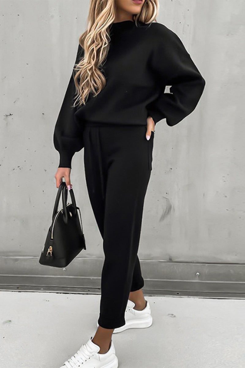 Casual Simplicity Solid Patchwork Half A Turtleneck Long Sleeve Two Pieces(10 Colors) - Fashionpara