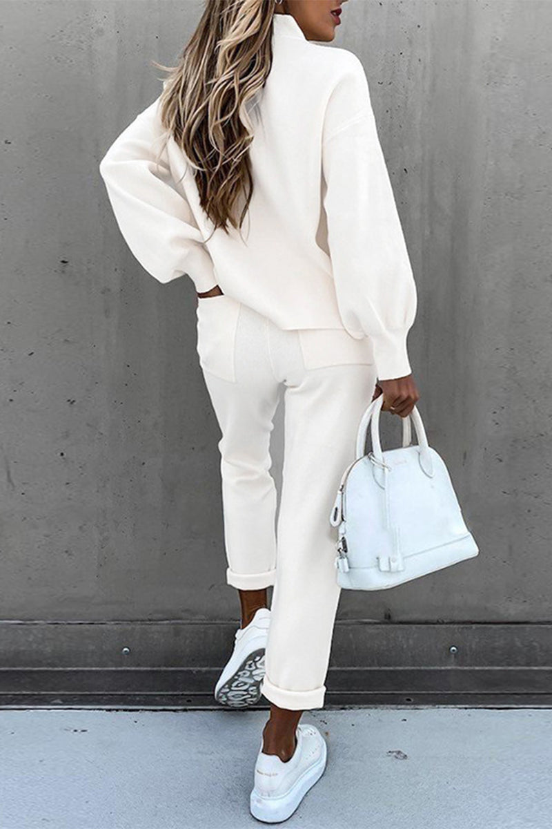 Casual Simplicity Solid Patchwork Half A Turtleneck Long Sleeve Two Pieces(10 Colors) - Fashionpara