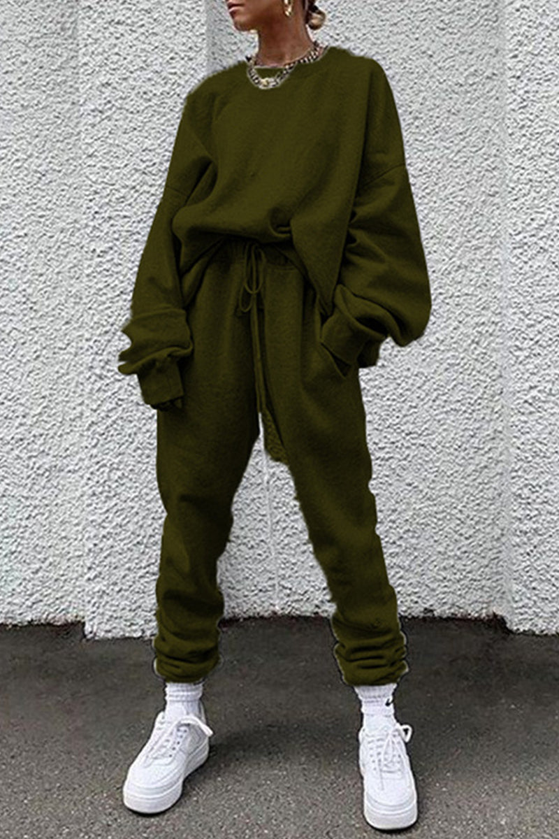 Casual Solid Pocket O Neck Long Sleeve Two Pieces - Fashionpara