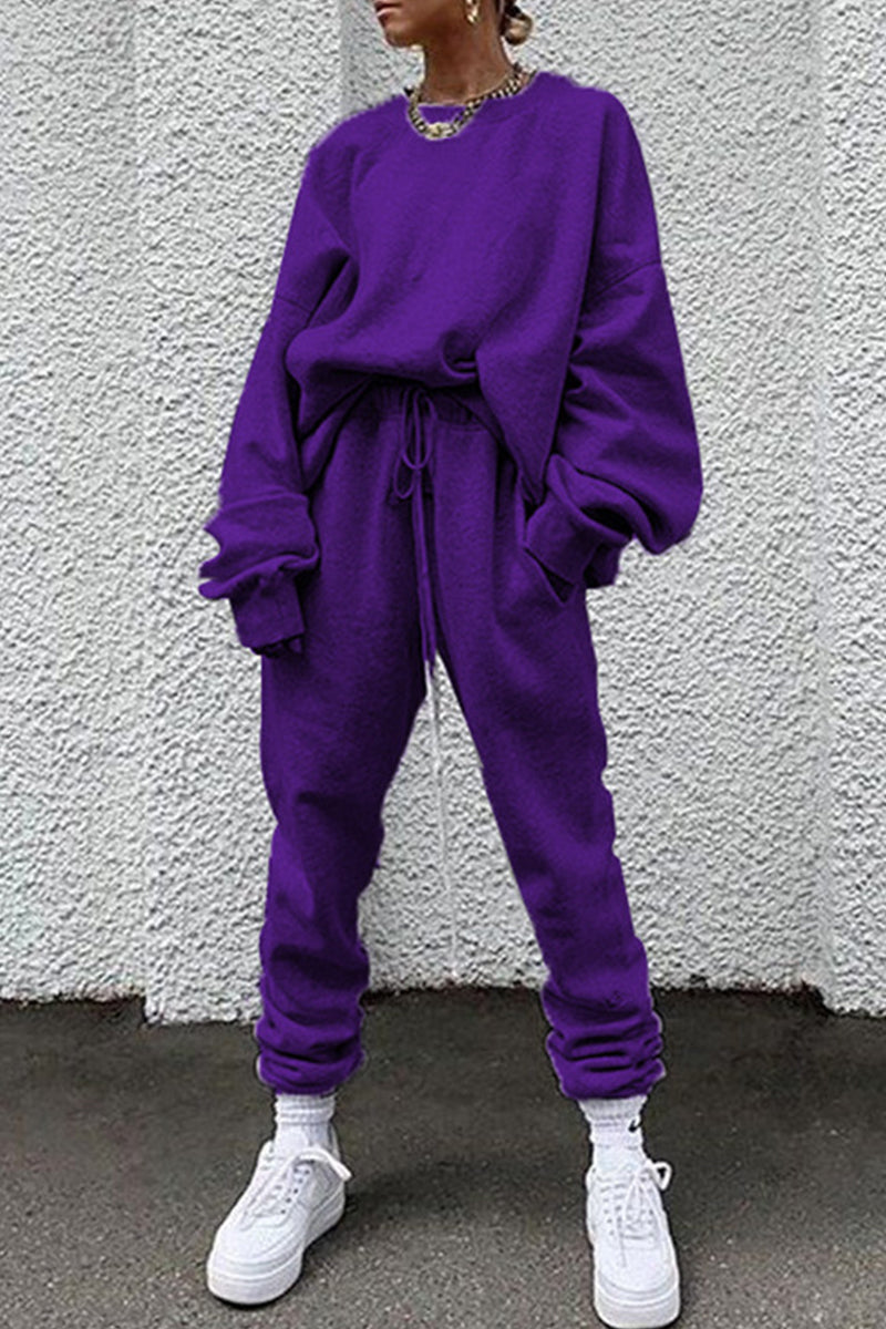 Casual Solid Pocket O Neck Long Sleeve Two Pieces - Fashionpara