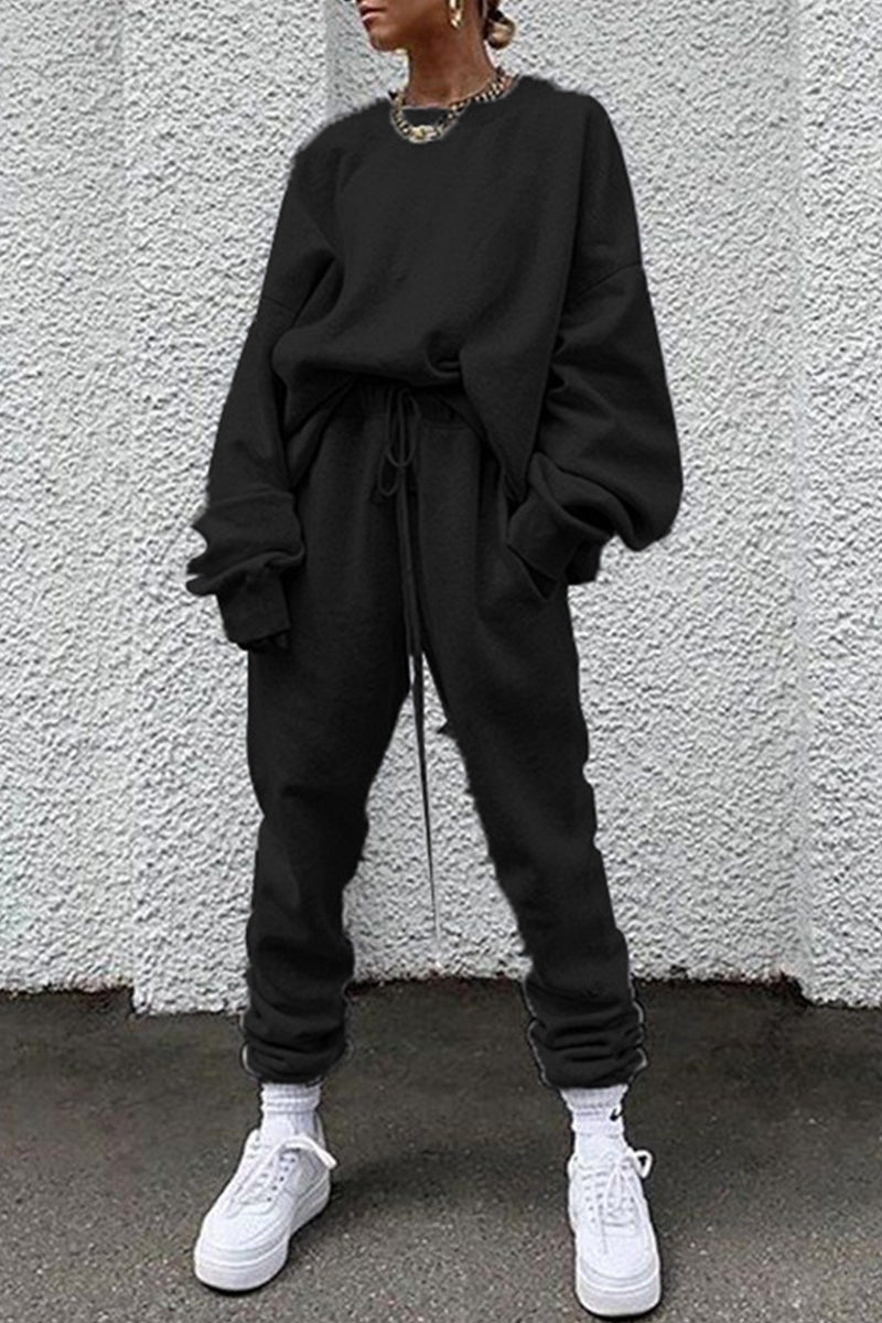 Casual Solid Pocket O Neck Long Sleeve Two Pieces - Fashionpara