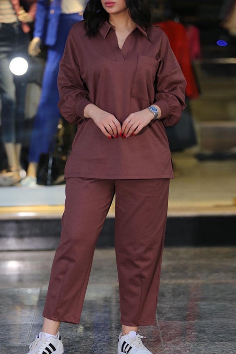Casual Solid Patchwork Turndown Collar Long Sleeve Two Pieces(5 Colors) - Fashionpara