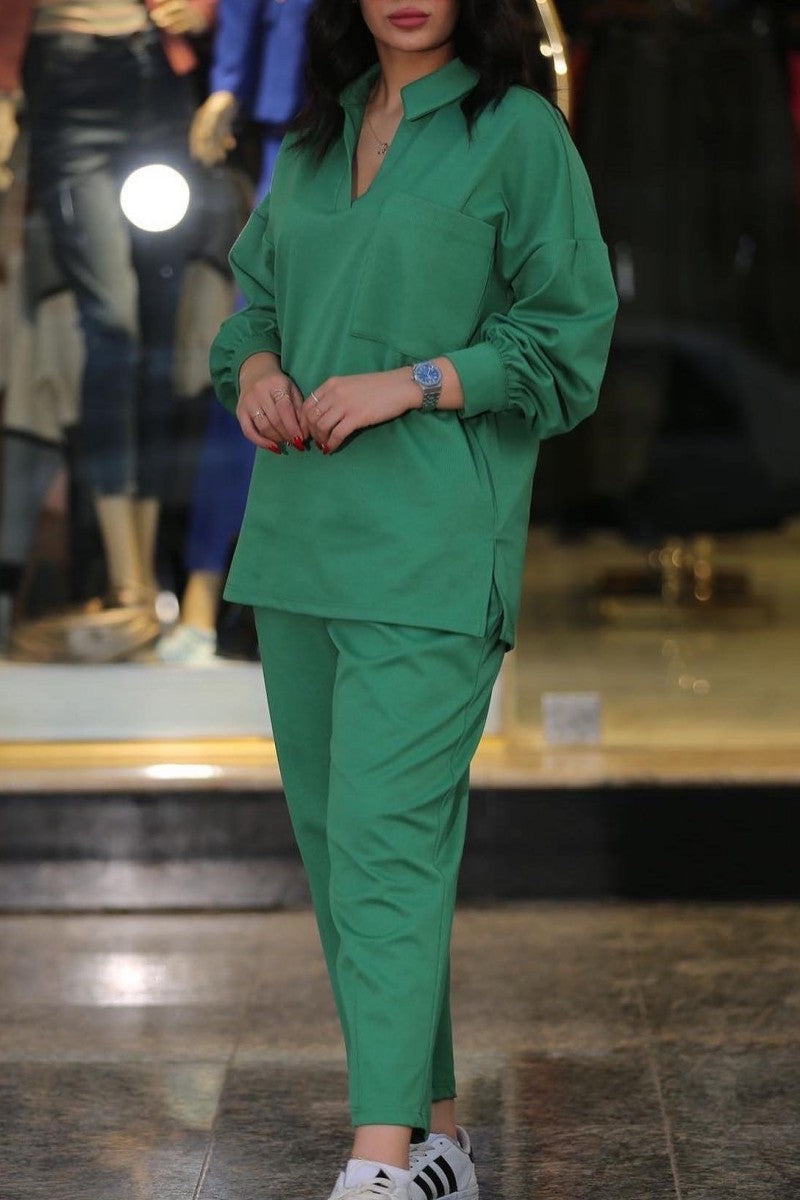 Casual Solid Patchwork Turndown Collar Long Sleeve Two Pieces(5 Colors) - Fashionpara