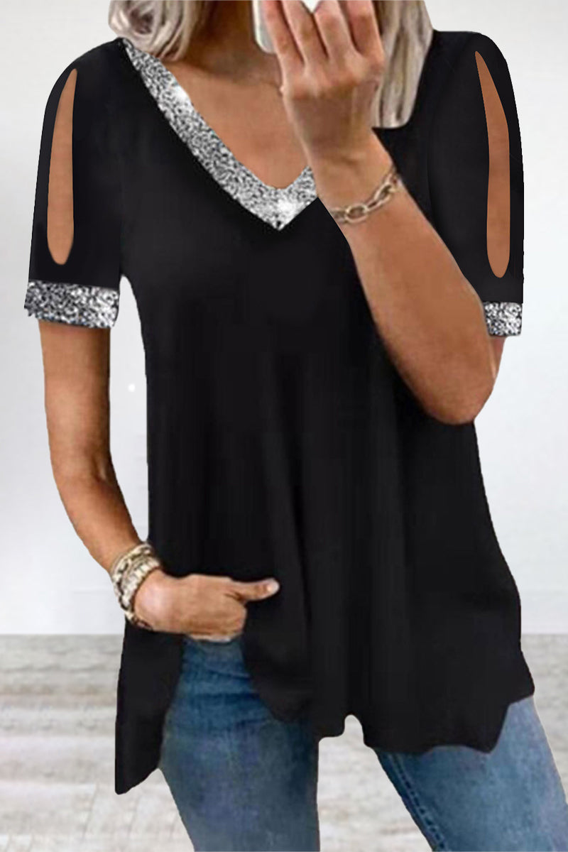 Casual Solid Sequins V Neck T-Shirts - Fashionpara