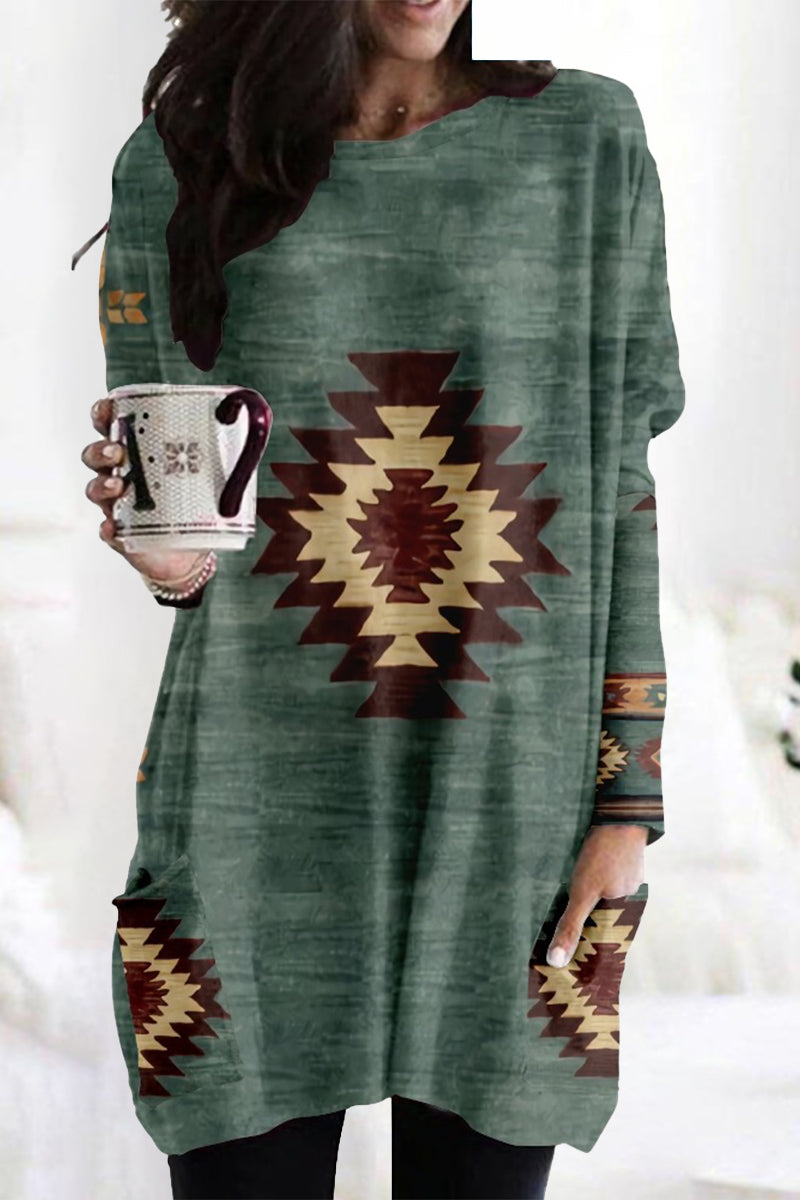 Casual Vintage Geometric Print Patchwork Pocket V Neck Tops  Fashionpara