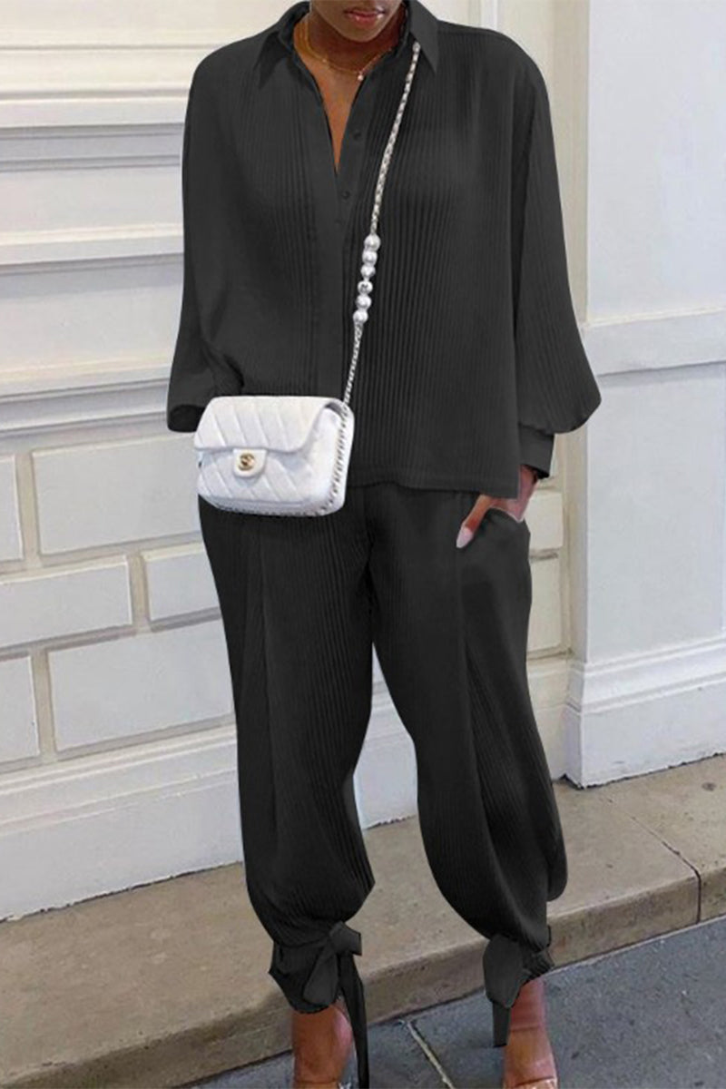 Casual Solid Pocket Turndown Collar Long Sleeve Two Pieces(4 Colors) - Fashionpara