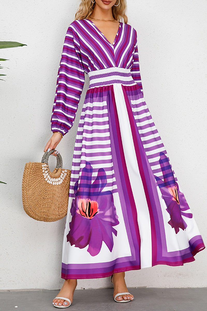 Elegant College Striped Floral Patchwork V Neck Printed Dress Dresses - Fashionpara
