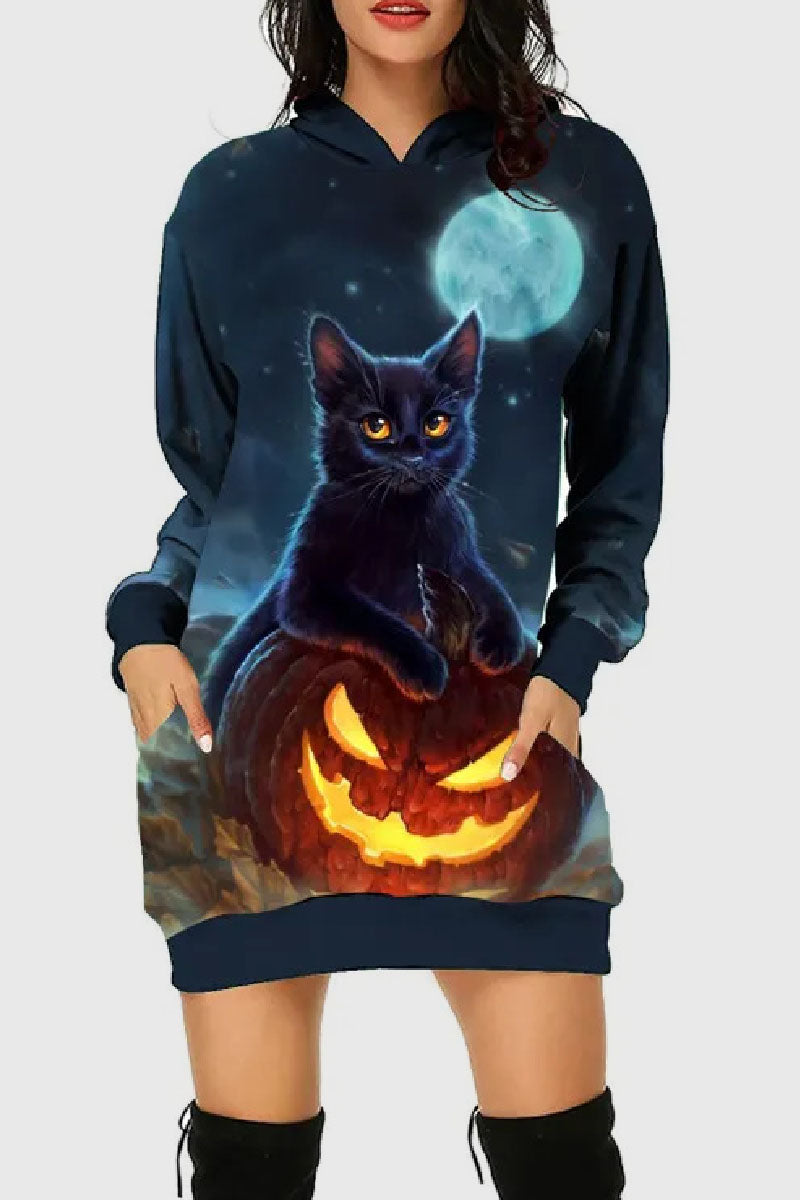 Casual Print Basic Hooded Collar Long Sleeve Dresses - Fashionpara