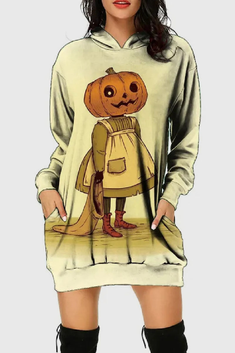 Casual Print Basic Hooded Collar Long Sleeve Dresses - Fashionpara