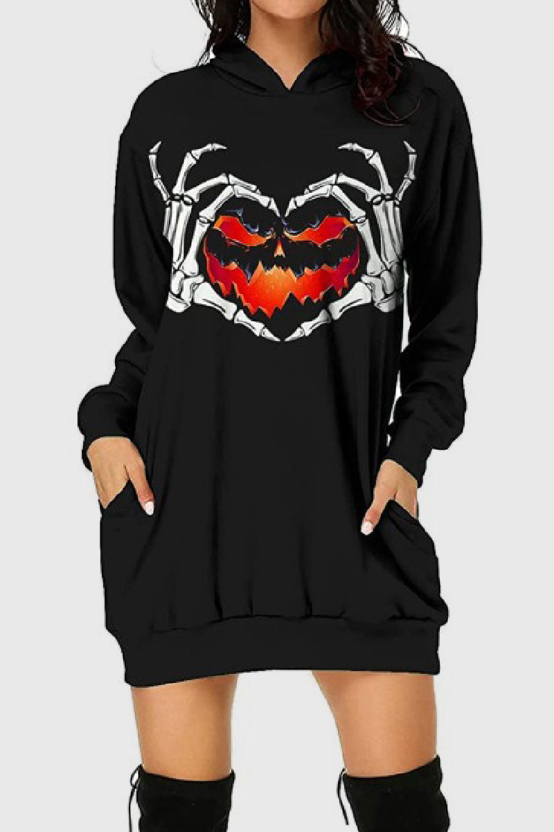 Casual Print Basic Hooded Collar Long Sleeve Dresses - Fashionpara