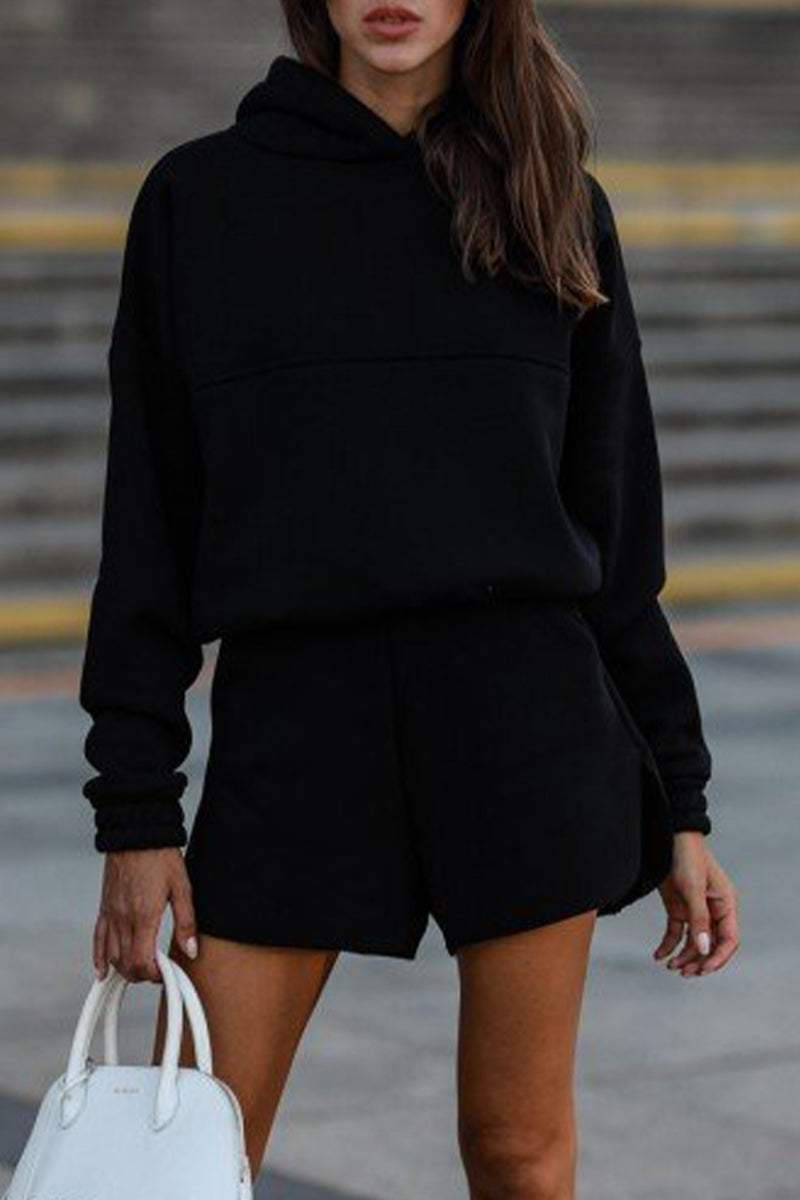 Casual Solid Pocket Hooded Collar Long Sleeve Two Pieces - Fashionpara