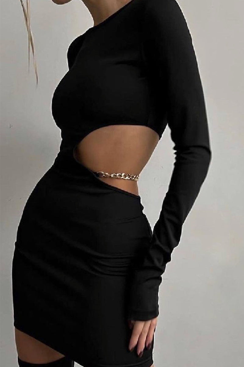 Sexy Solid Hollowed Out Metal Accessories Decoration O Neck Wrapped Skirt Dresses - Fashionpara