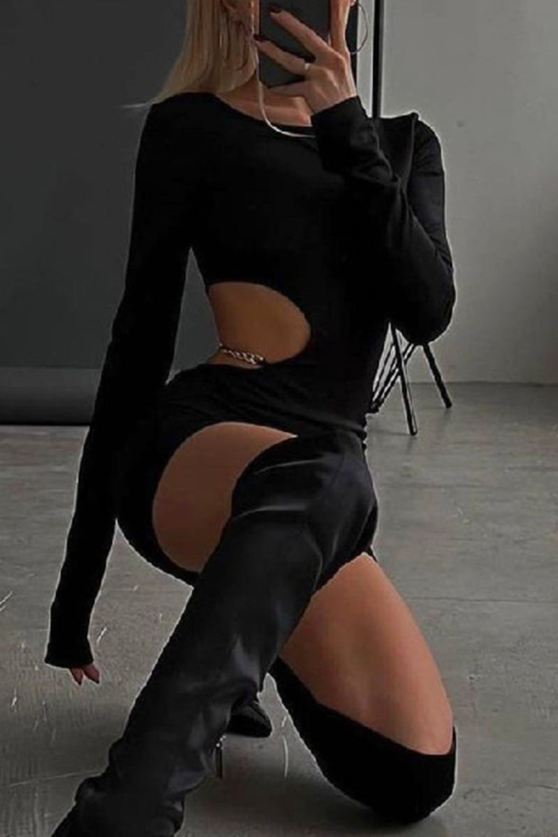 Sexy Solid Hollowed Out Metal Accessories Decoration O Neck Wrapped Skirt Dresses - Fashionpara