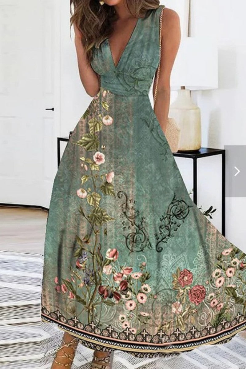 Casual Print Patchwork V Neck Sleeveless Dresses(4 Colors) - Fashionpara