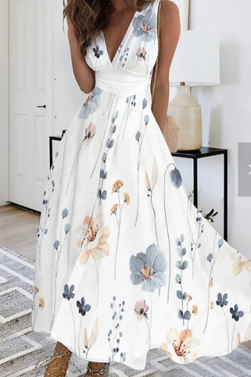 Casual Print Patchwork V Neck Sleeveless Dresses(4 Colors) - Fashionpara