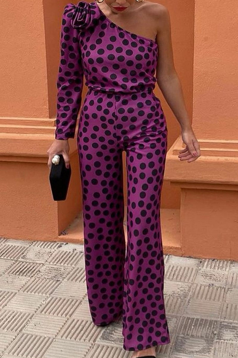 Casual Dot Print Backless Oblique Collar Regular Jumpsuits - Fashionpara