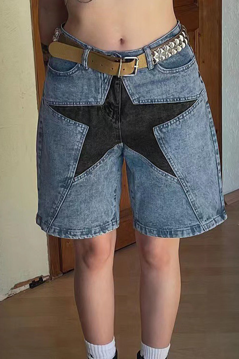 Street The stars Patch Mid Waist Denim Shorts(No Belt)  Fashionpara