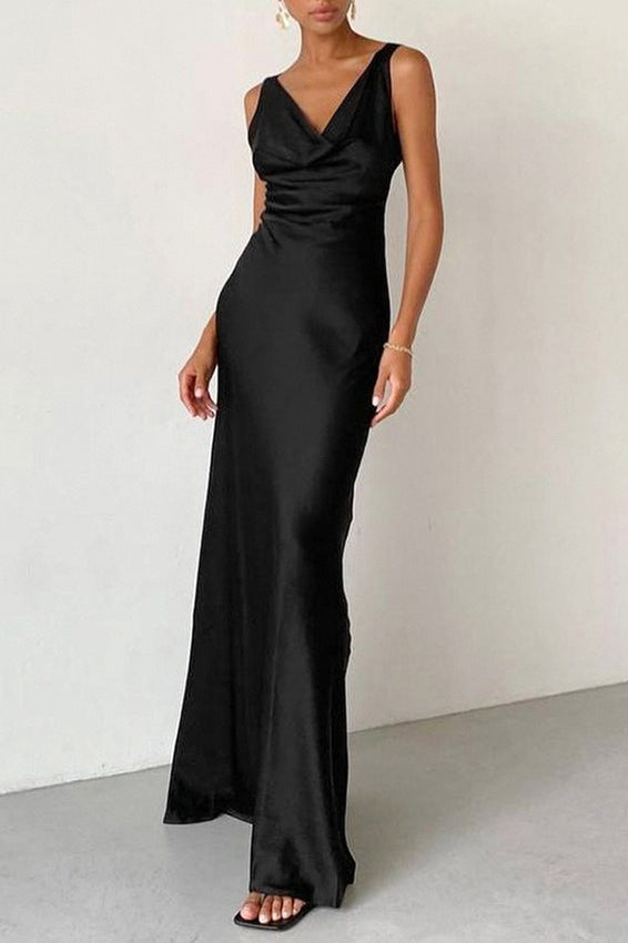 Satin Cowl-Neck Sleeveless Bodycon Maxi Dress