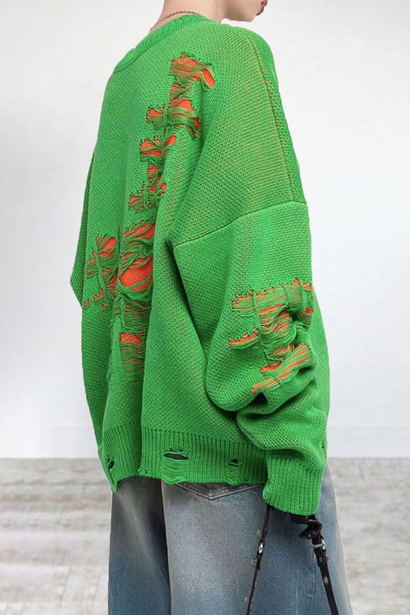 Florcoo Color Block Ripped Sweater - Trendy Casual Style