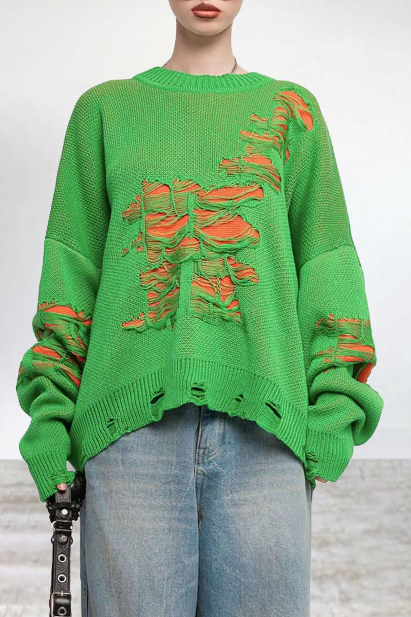 Florcoo Color Block Ripped Sweater - Trendy Casual Style