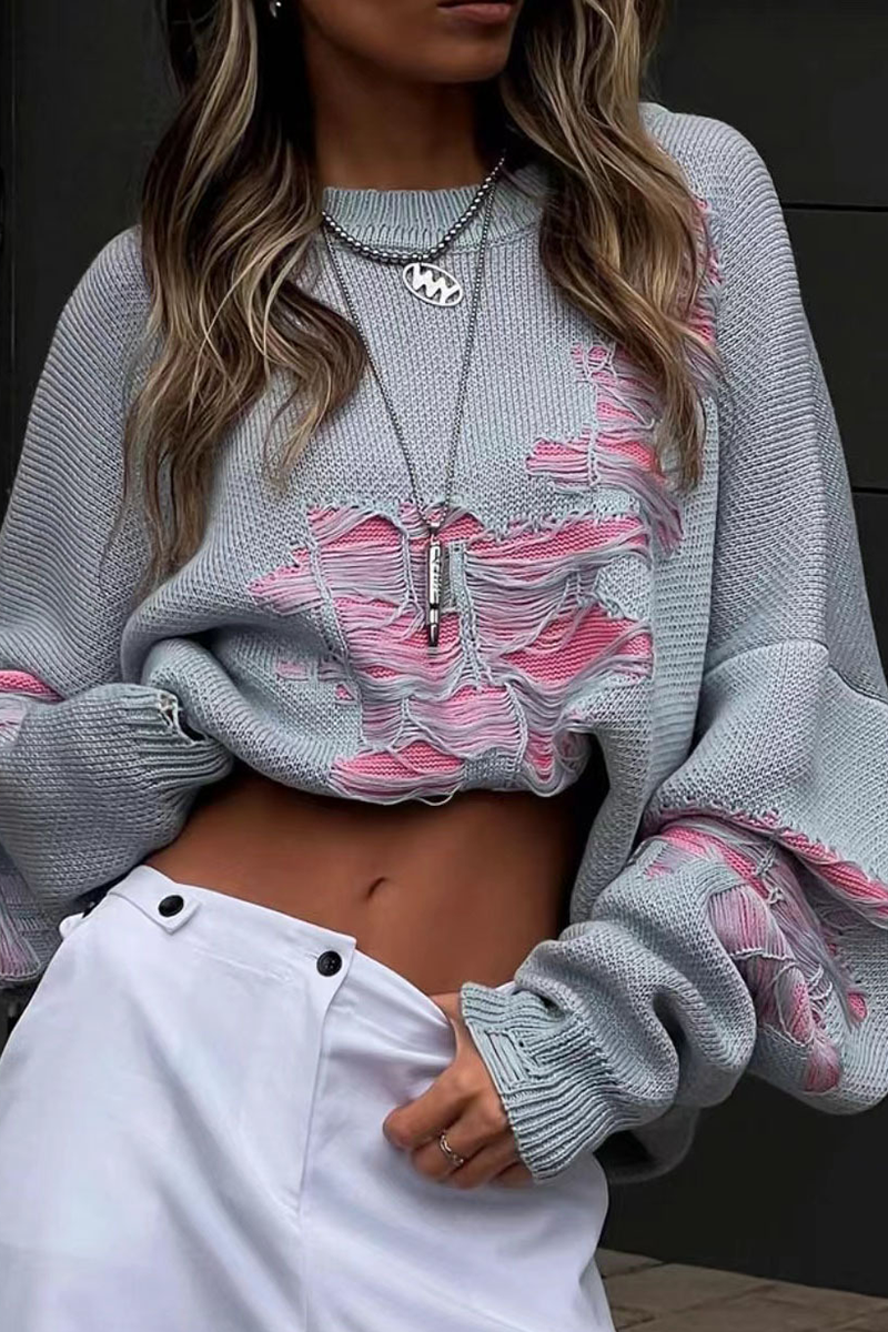 Florcoo Color Block Ripped Sweater - Trendy Casual Style