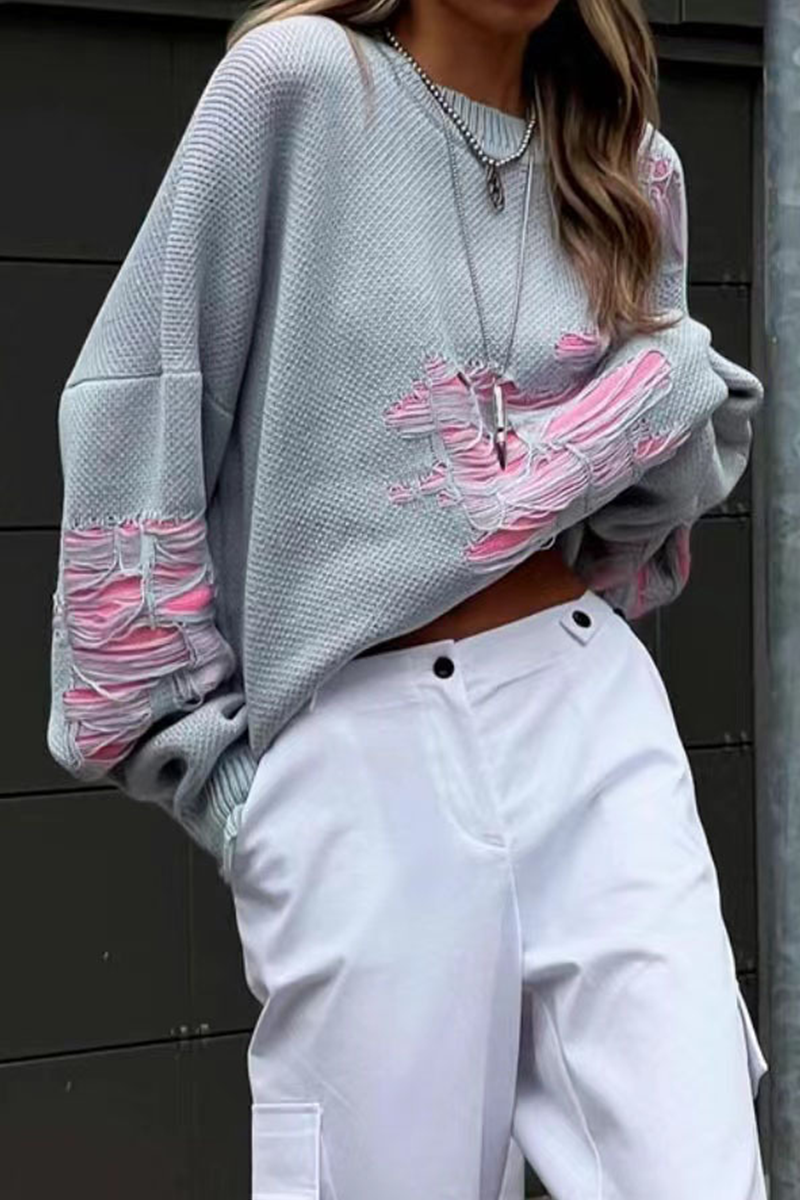 Florcoo Color Block Ripped Sweater - Trendy Casual Style