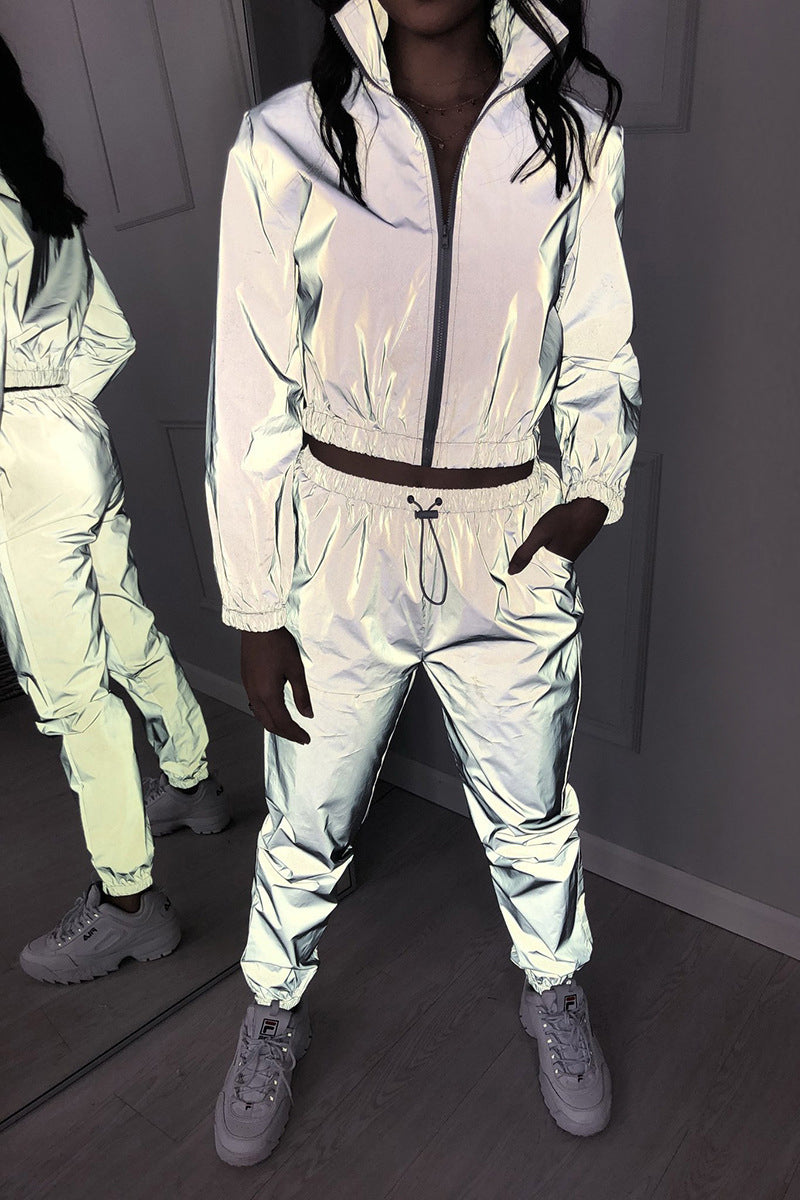 Casual Street Solid Reflective Turndown Collar Long Sleeve Two Pieces - Fashionpara