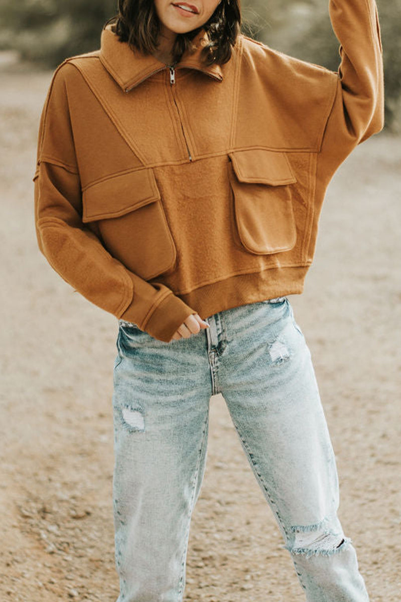 Casual Solid Zipper Turndown Collar Tops - Fashionpara