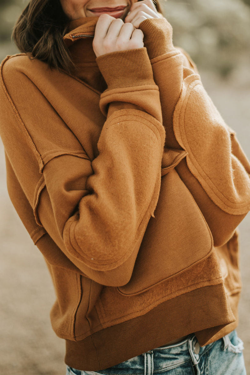 Casual Solid Zipper Turndown Collar Tops - Fashionpara