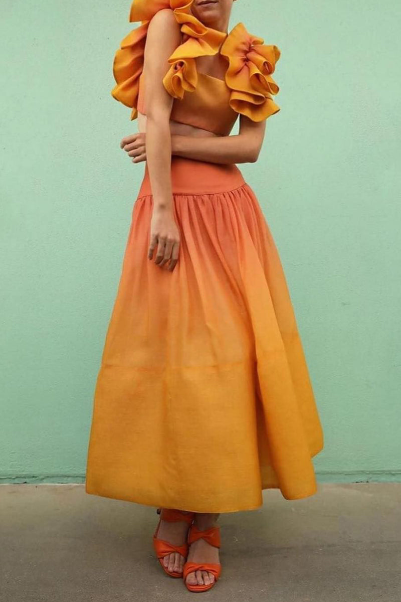 Sexy Elegant Gradual Change Appliques Printing Square Collar Two Pieces - Fashionpara