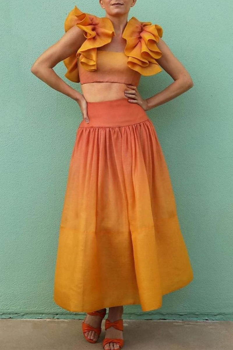 Sexy Elegant Gradual Change Appliques Printing Square Collar Two Pieces - Fashionpara