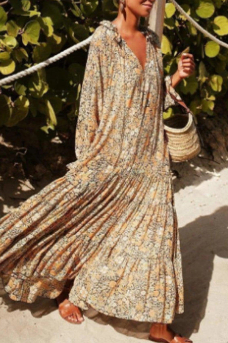 College Floral Patchwork V Neck Printed Dress Dresses - Fashionpara