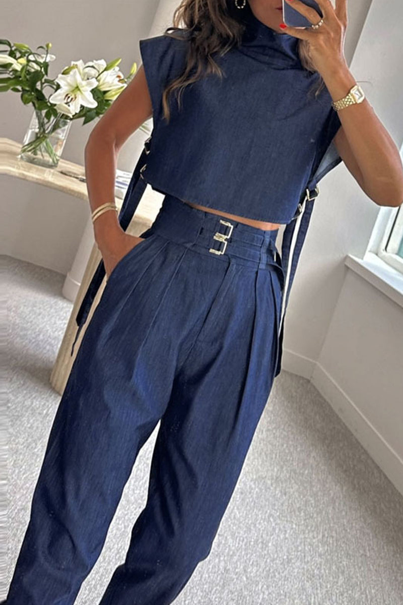 Casual Solid Patchwork Turtleneck Short Sleeve Two Pieces - Fashionpara