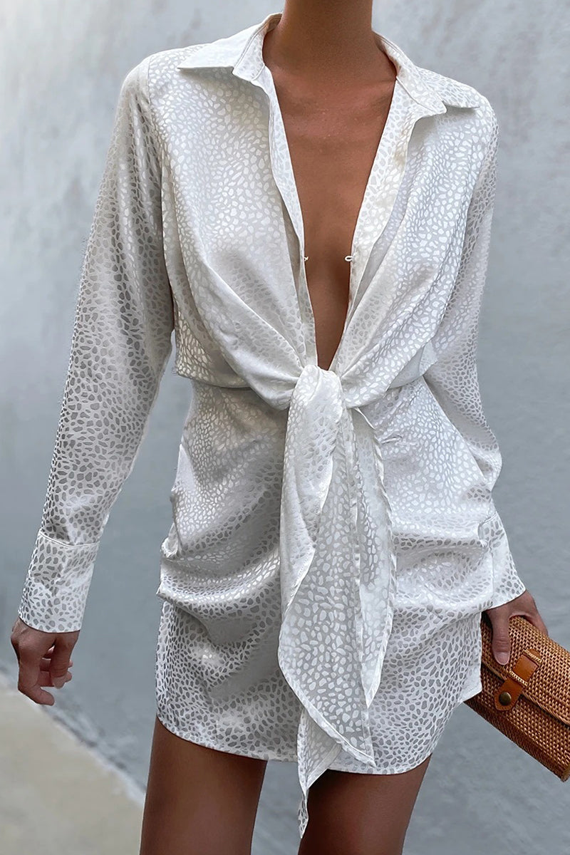 Sexy Animal Print Frenulum Printing Turndown Collar Wrapped Skirt Dresses - Fashionpara