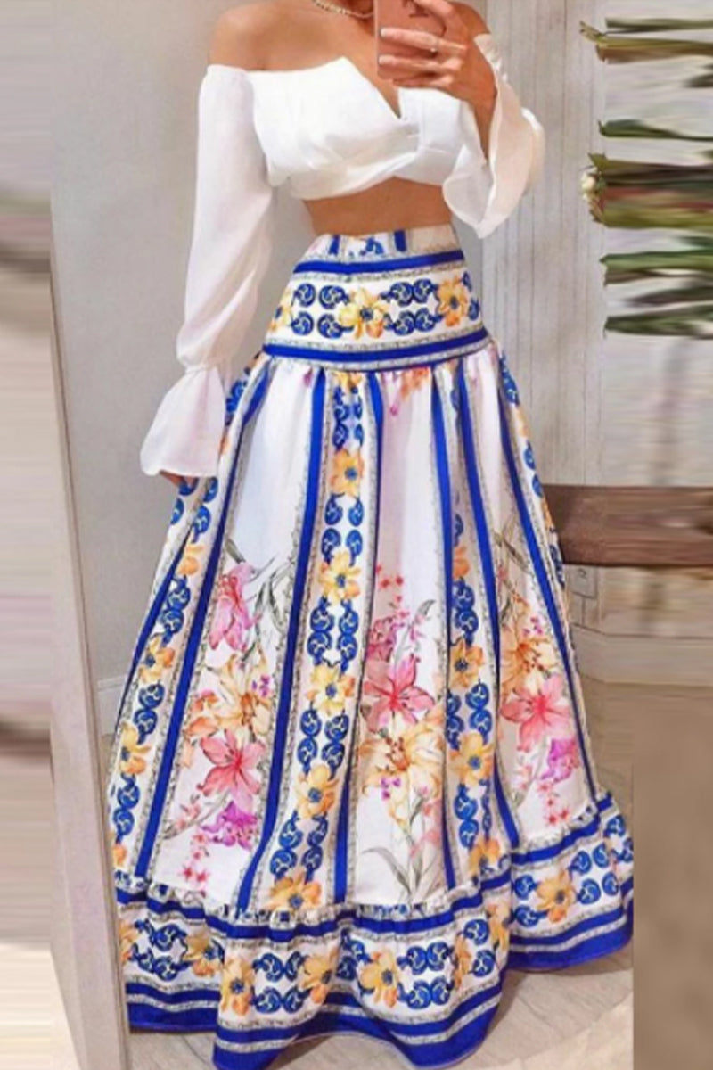 Sexy Print Flounce Contrast Off the Shoulder Long Sleeve Two Pieces - Fashionpara