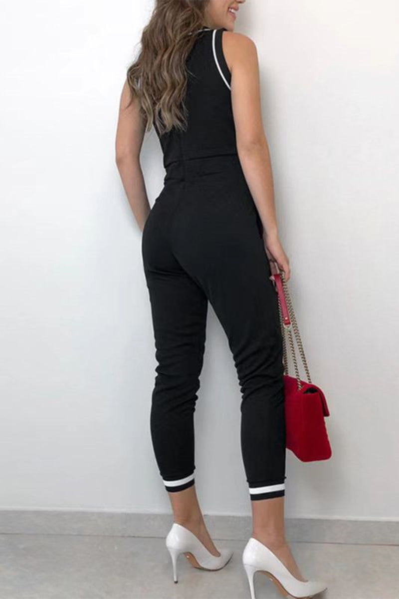 Casual Striped Contrast O Neck Regular Jumpsuits - Fashionpara