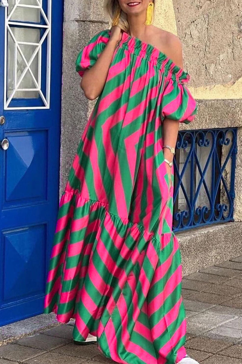 Casual Striped Contrast Off the Shoulder Printed Dresses - Fashionpara