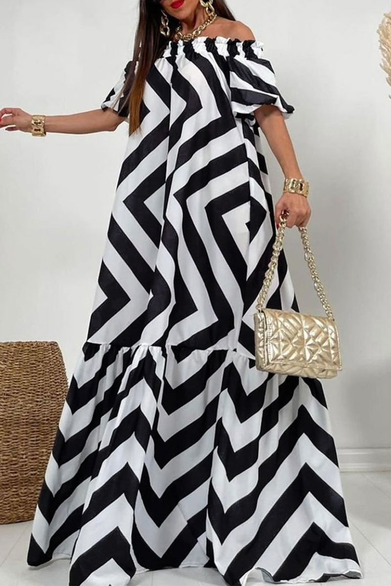 Casual Striped Contrast Off the Shoulder Printed Dresses - Fashionpara