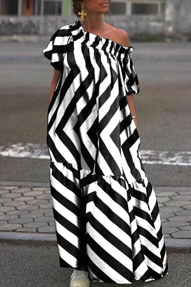 Casual Striped Contrast Off the Shoulder Printed Dresses - Fashionpara