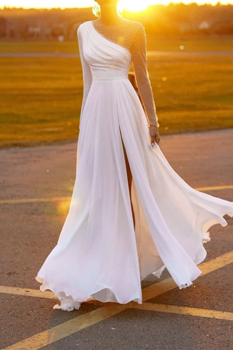 Elegant Formal Solid Slit O Neck Evening Dress Dresses - Fashionpara