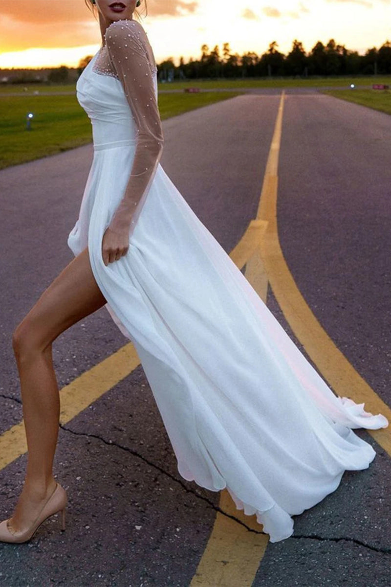 Elegant Formal Solid Slit O Neck Evening Dress Dresses - Fashionpara