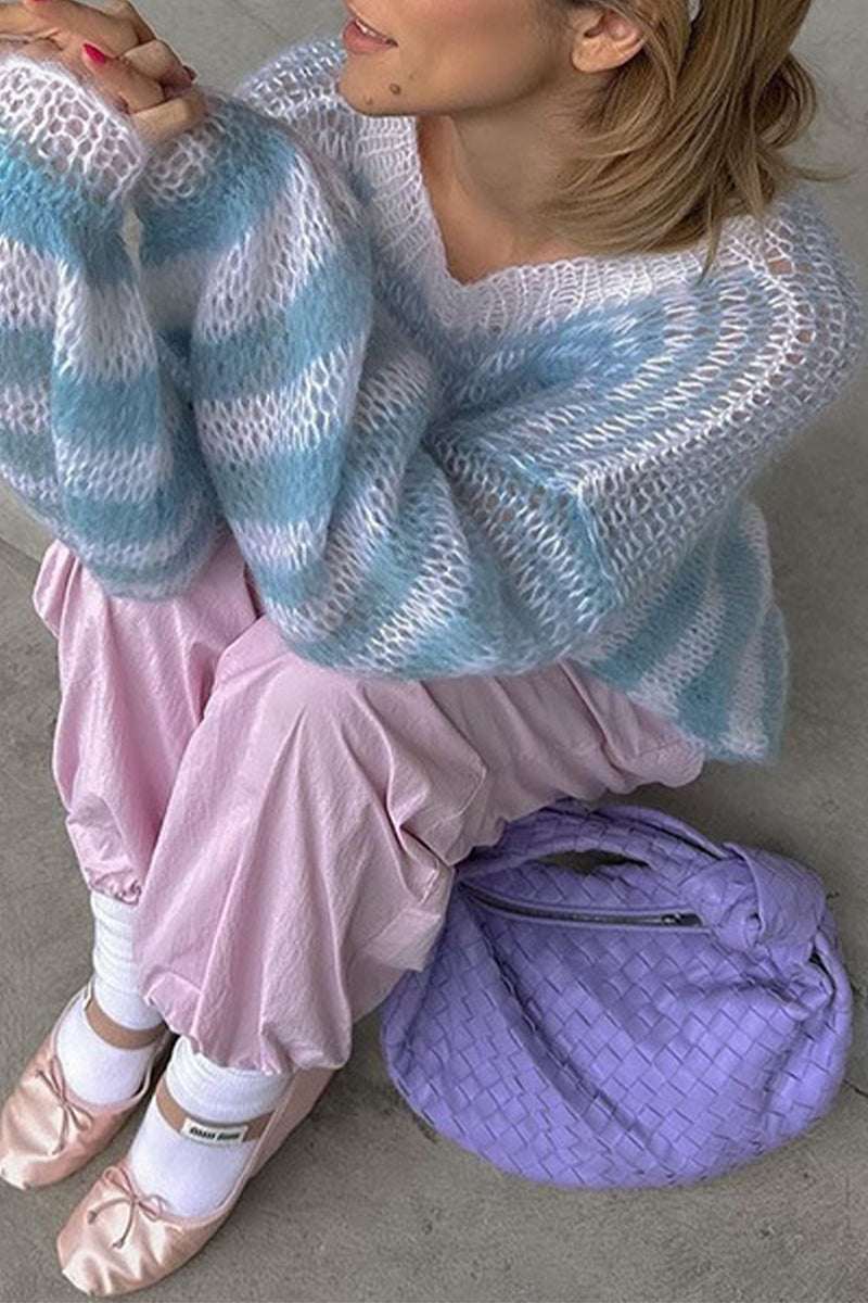 Casual Striped Patchwork O Neck Tops - Fashionpara