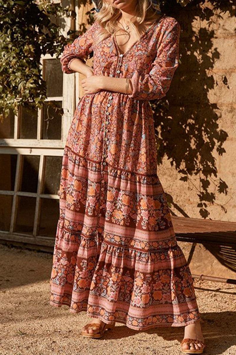 Bohemian College Floral Hollowed Out V Neck Printed Dress Dresses - Fashionpara