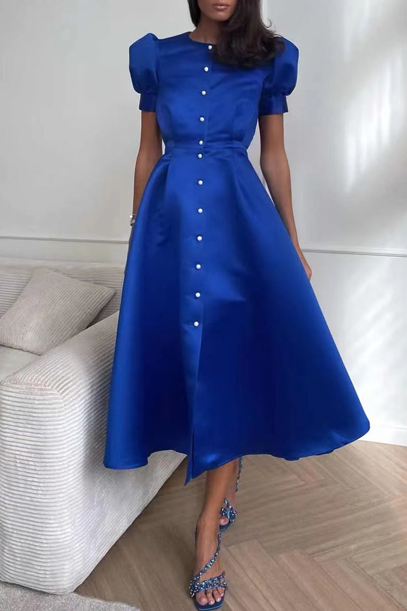 Elegant Solid Buckle O Neck A Line Short Sleeve Dress(5 Colors) - Fashionpara